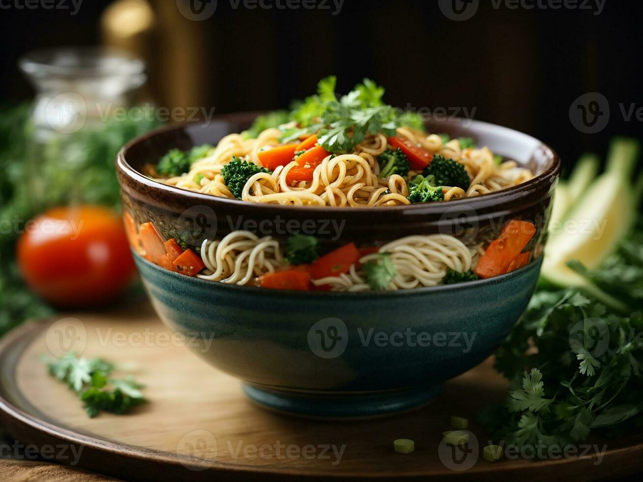 ai generiert asiatisch Vegetarier Essen Udon Nudeln mit Baby bok choy, Shiitake Pilze, Sesam und Pfeffer foto