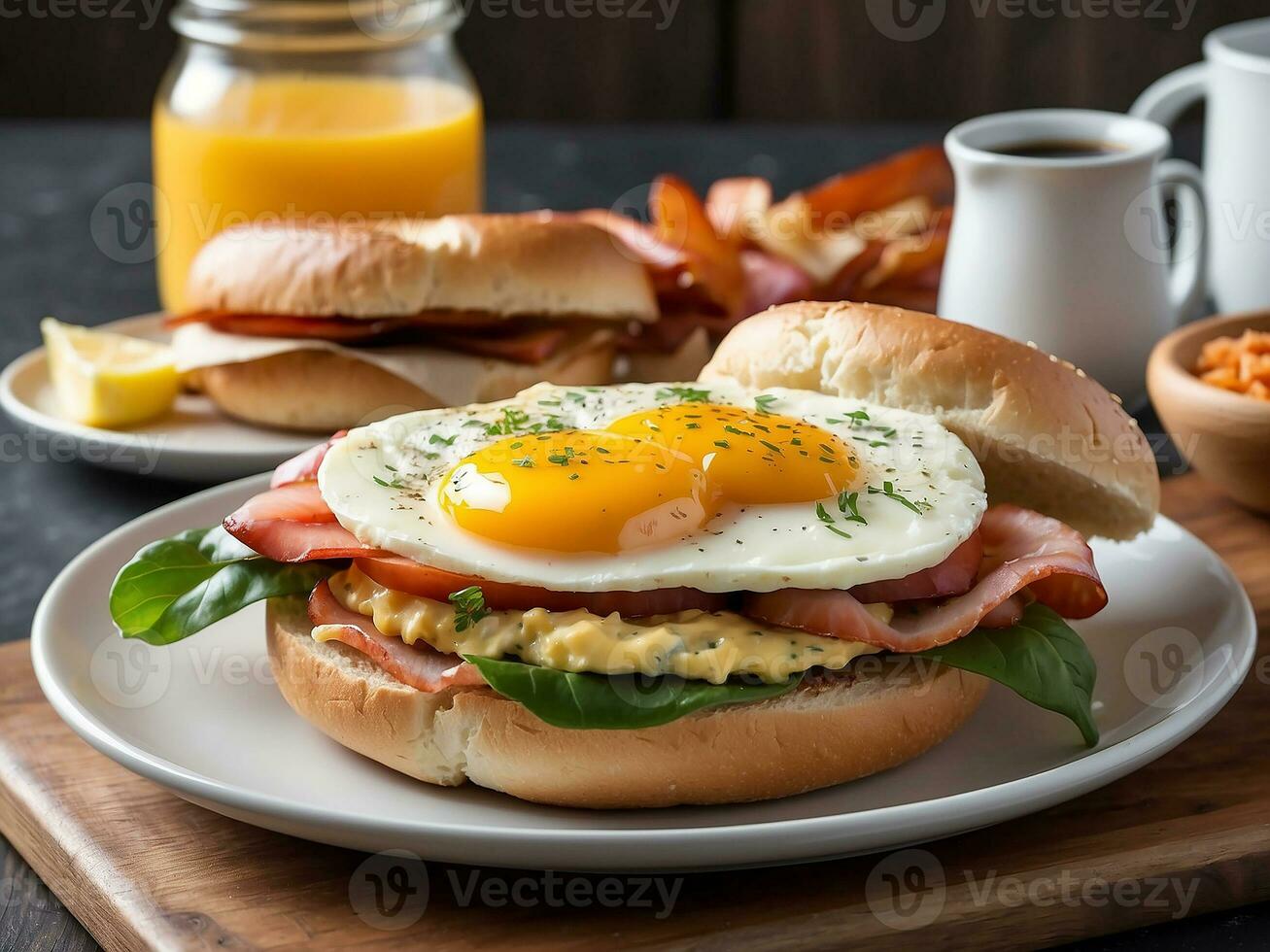 ai generiert Mohn Samen Bagel mit Käse Creme, geräuchert Ei und Rucola foto