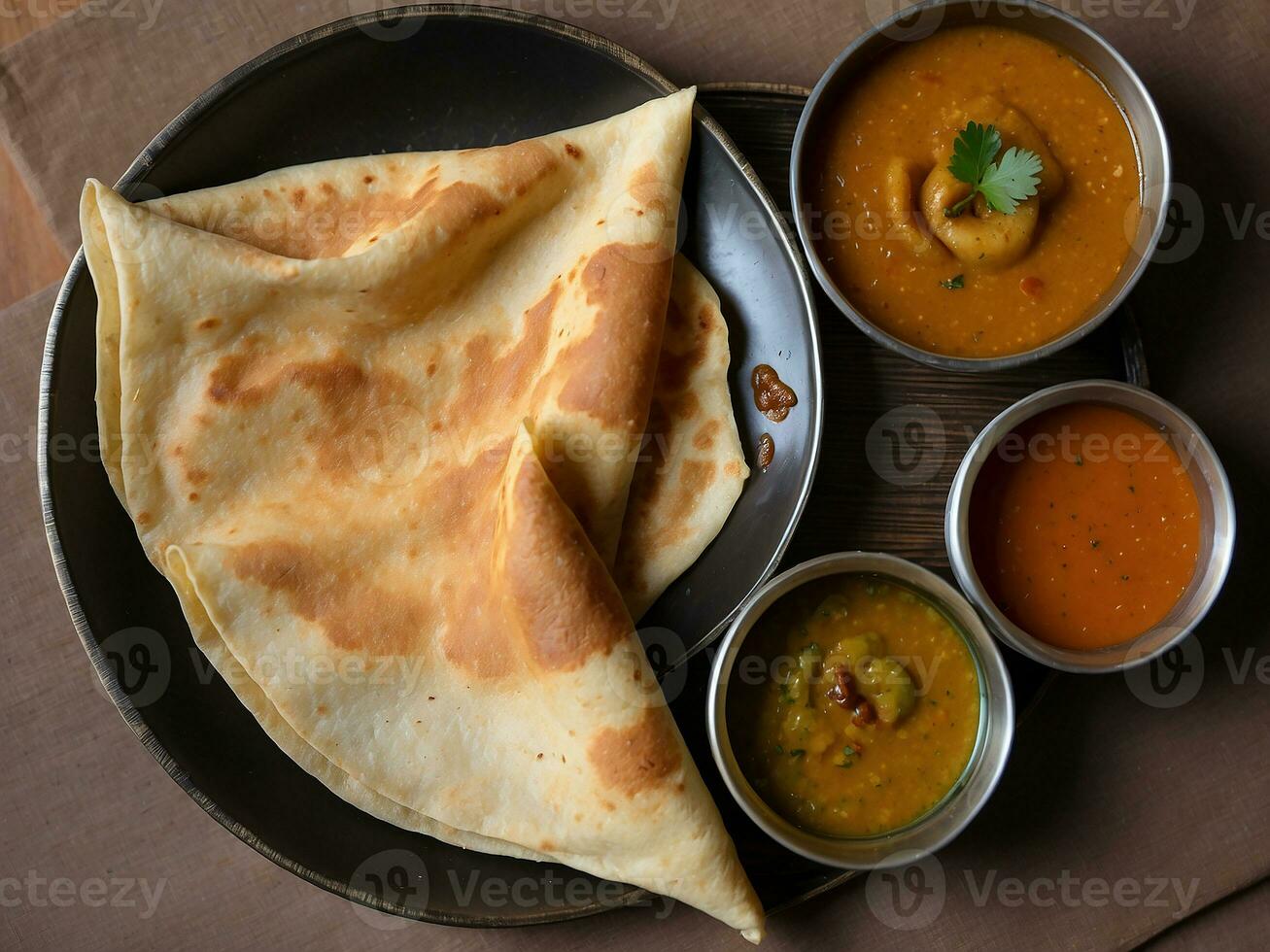 ai generiert Masala dosa indisch Bohnenkraut Crepes mit Kartoffel Füllung foto