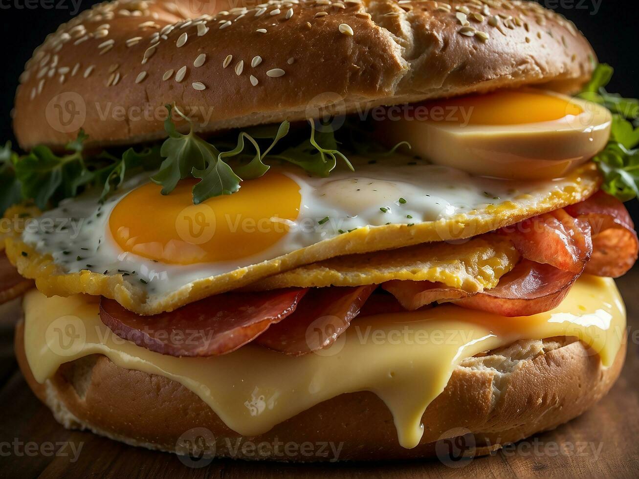 ai generiert herzhaft Frühstück Sandwich auf ein Bagel foto