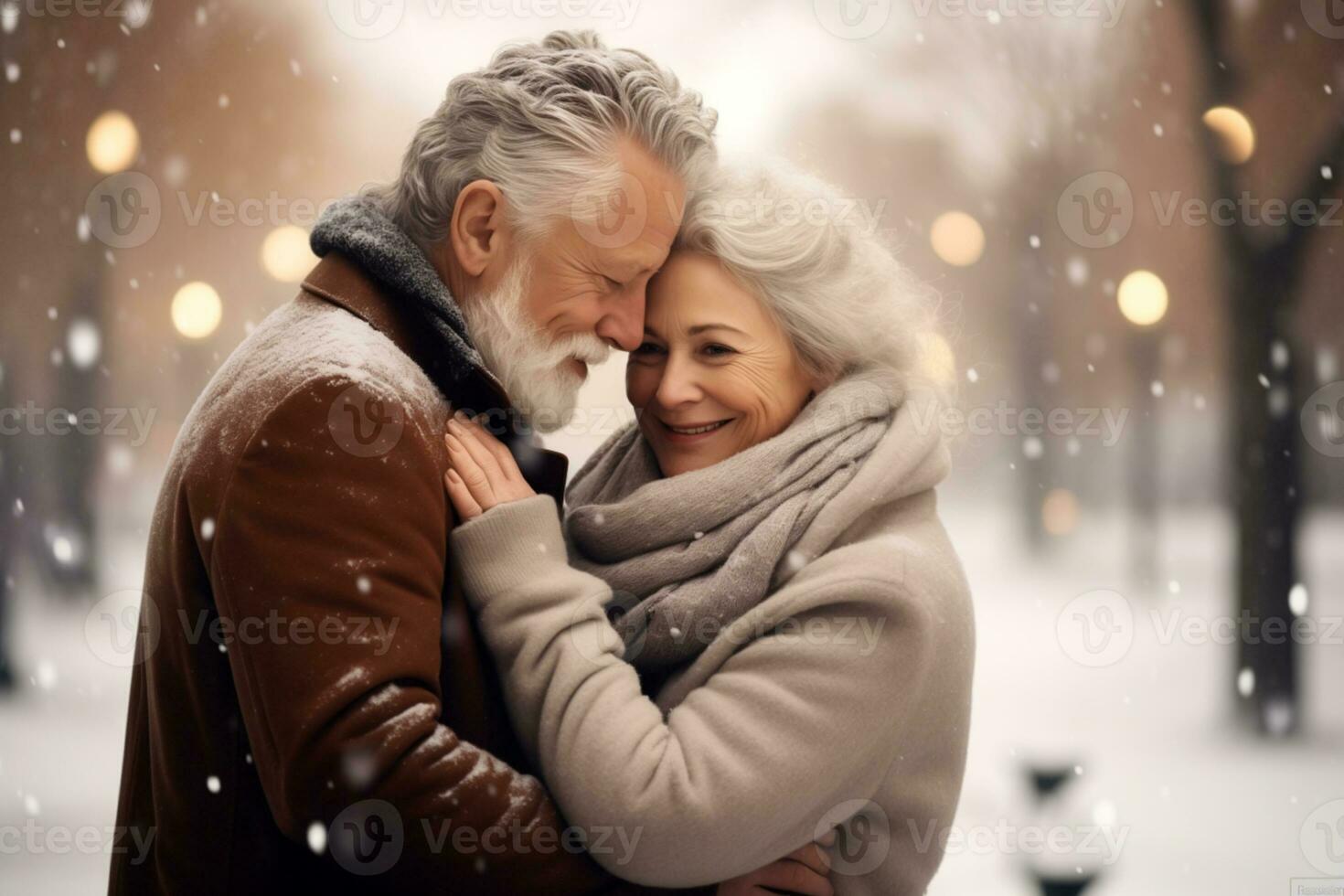 ai generiert glücklich Senior europäisch Paar umarmen im ein Winter Öffentlichkeit Park. reifen Menschen fallen im Liebe mit jeder andere. ai generiert. Konzept von für immer Liebe, Valentinstag Tag, und Langlebigkeit foto