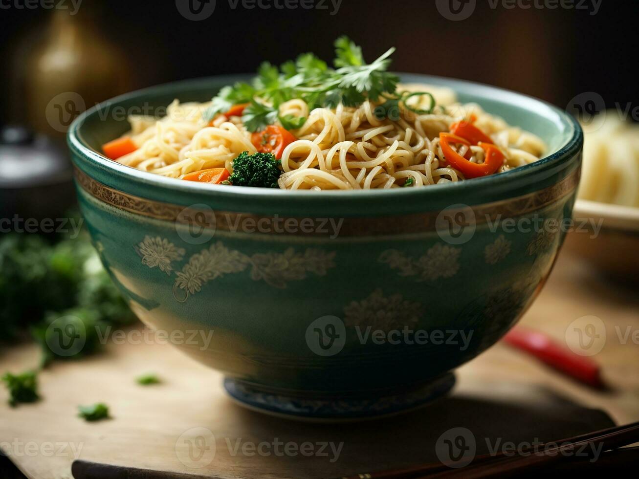 ai generiert Chow mein, Nudeln und Gemüse Gericht mit hölzern Essstäbchen foto
