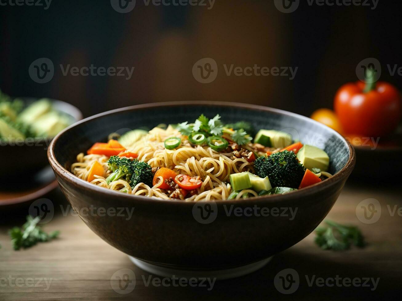 ai generiert rühren Chinesisch braten Nudeln mit Rindfleisch und Gemüse im Weiß Schüssel. asiatisch Stil Essen foto