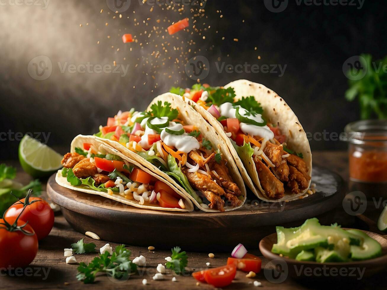 ai generiert Tacos mit gegrillt Hähnchen Fleisch und Gemüse foto