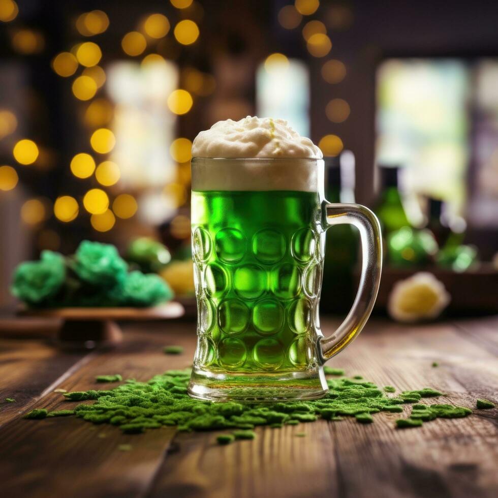 ai generiert ein festlich st. Patrick's Tag Bild mit ein Grün Bier Becher und ein Kleeblatt auf ein hölzern Tabelle foto