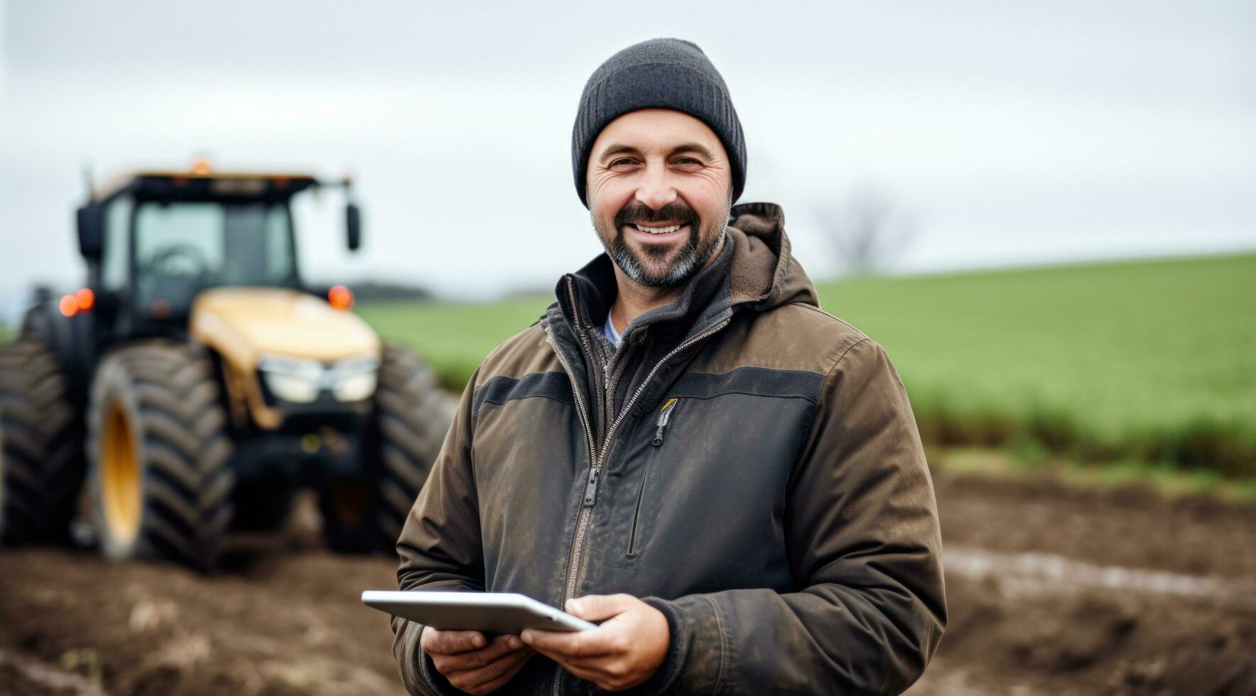 ai generiert Traktor Treiber tragen Jacke Stehen im Feld halten ein Tablette, foto