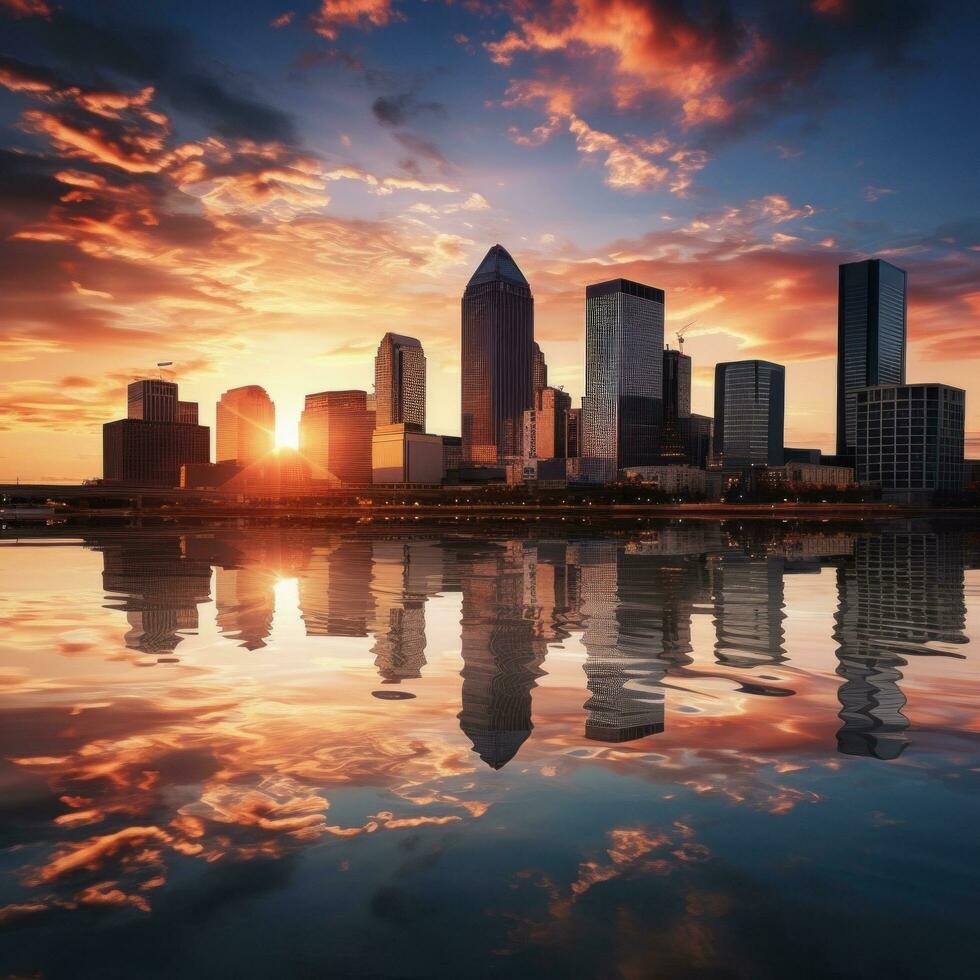 ai generiert ein atemberaubend Foto von ein Stadt Horizont beim Sonnenuntergang, mit warm Frühling Farben Gemälde das Himmel