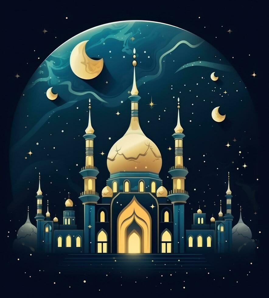 ai generiert das islamisch die Architektur von jaalisar Moschee beim Nacht mit Mond und Halbmond, foto