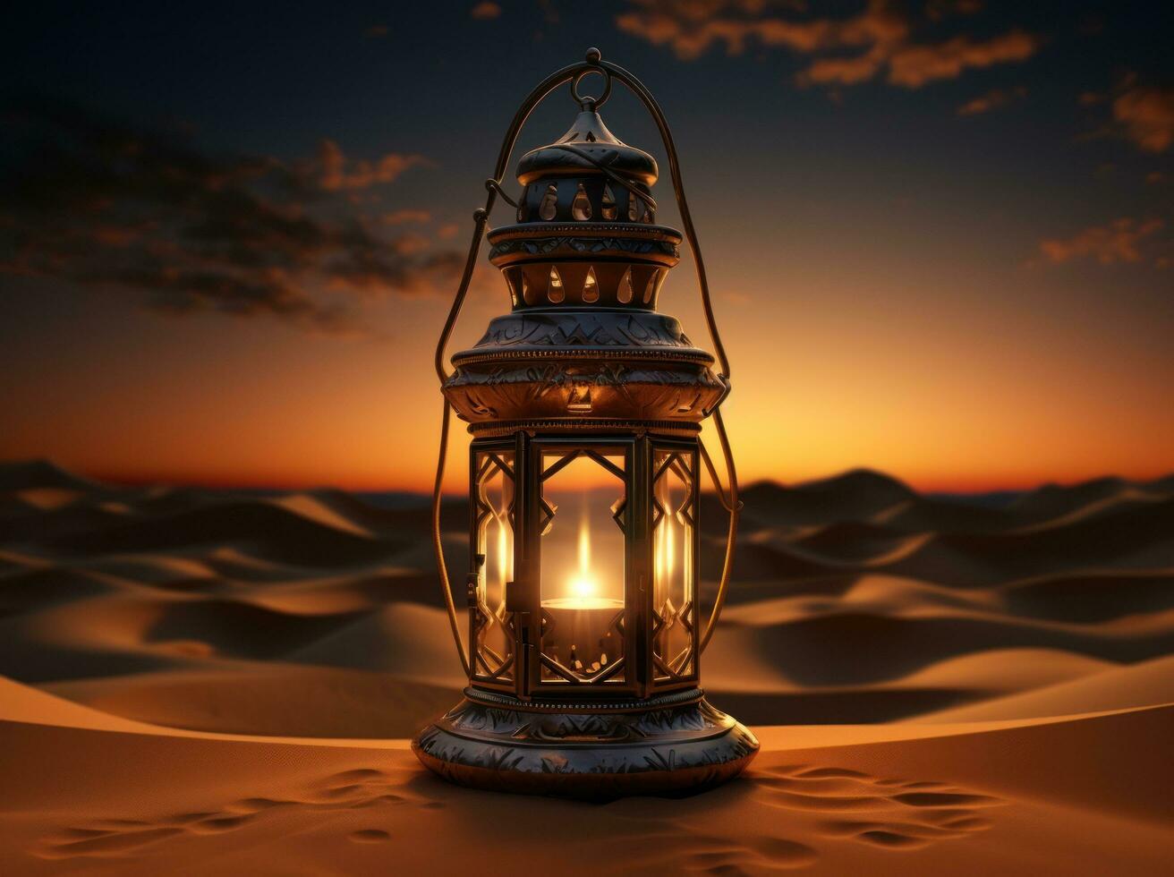 ai generiert alt Arabisch Laterne mit ein Laterne auf oben von Wüste, foto