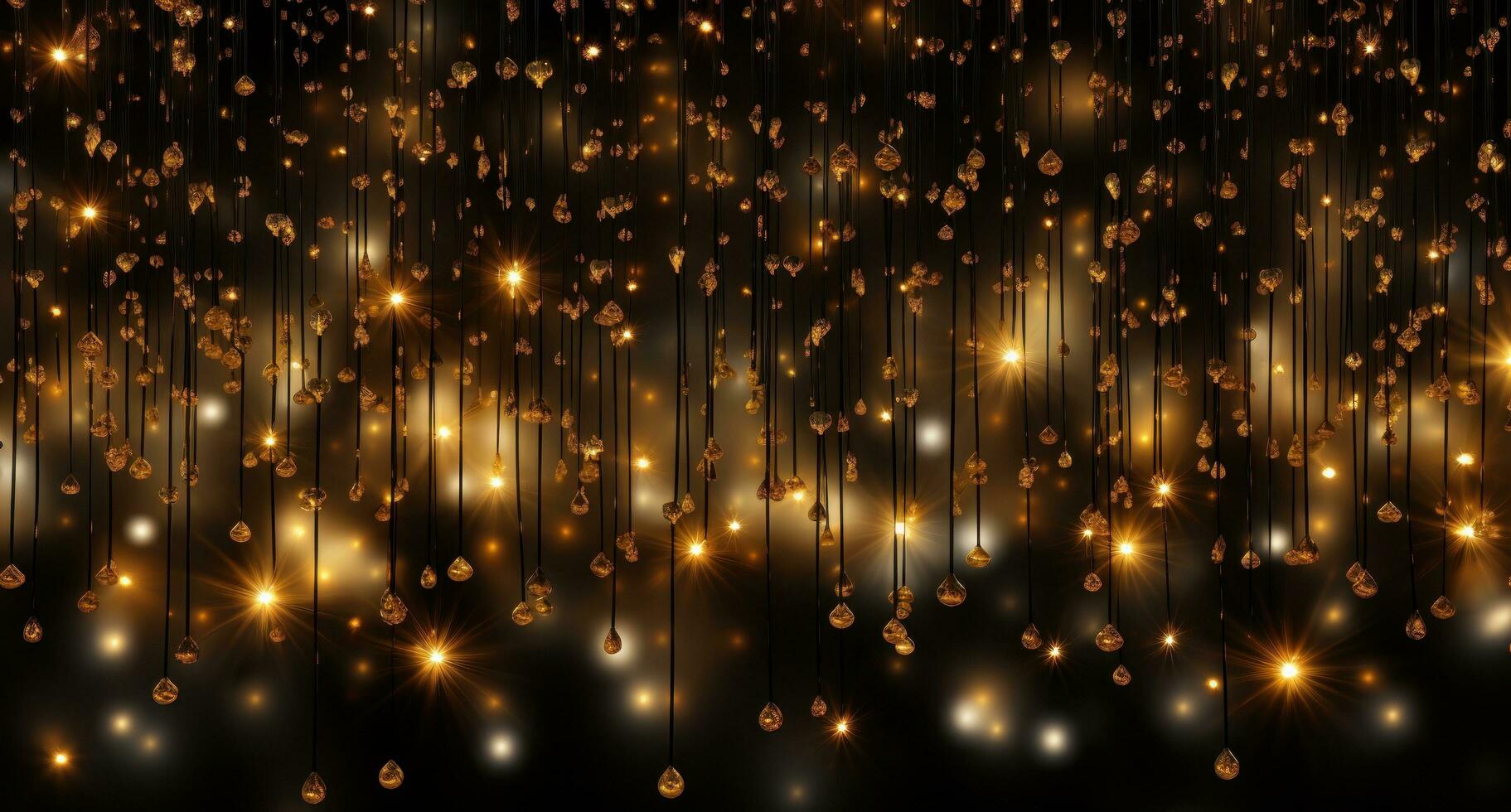 ai generiert Hintergrund mit Weihnachten Beleuchtung auf ein schwarz Hintergrund, dunkel Gold foto