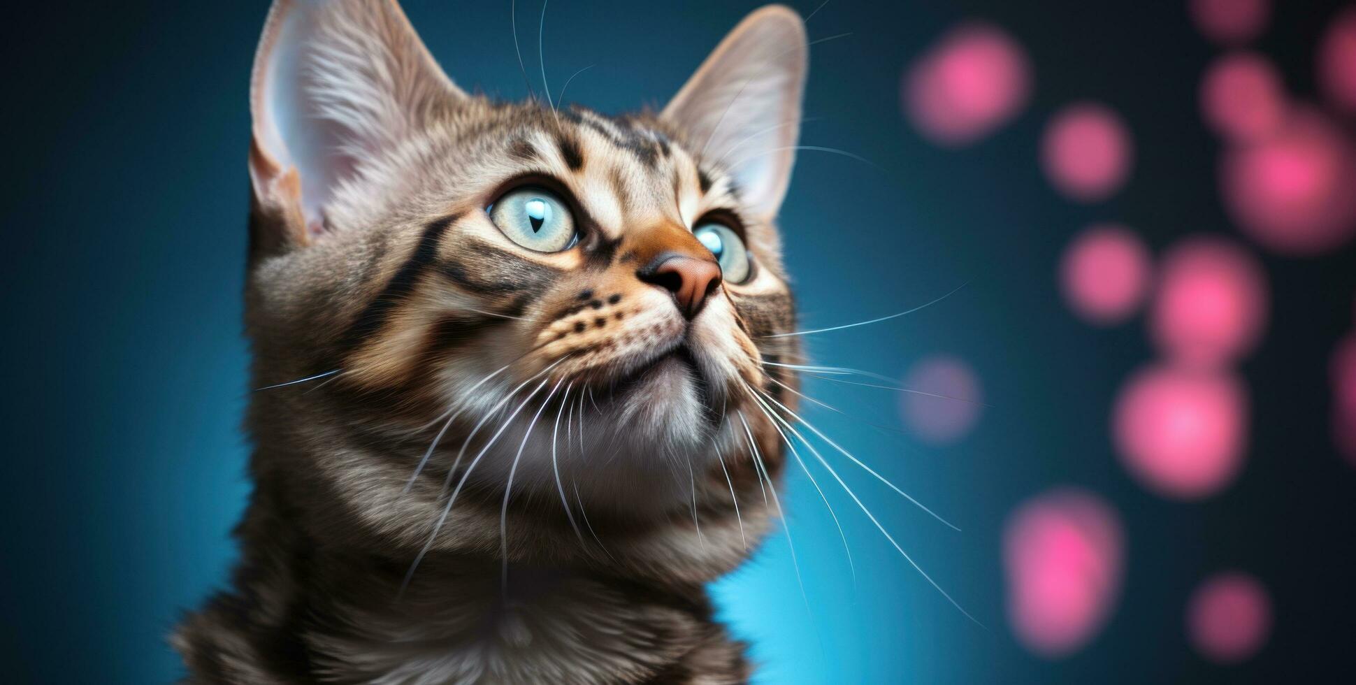 ai generiert Bengalen Tabby Katze mit Blau Augen suchen hoch, foto