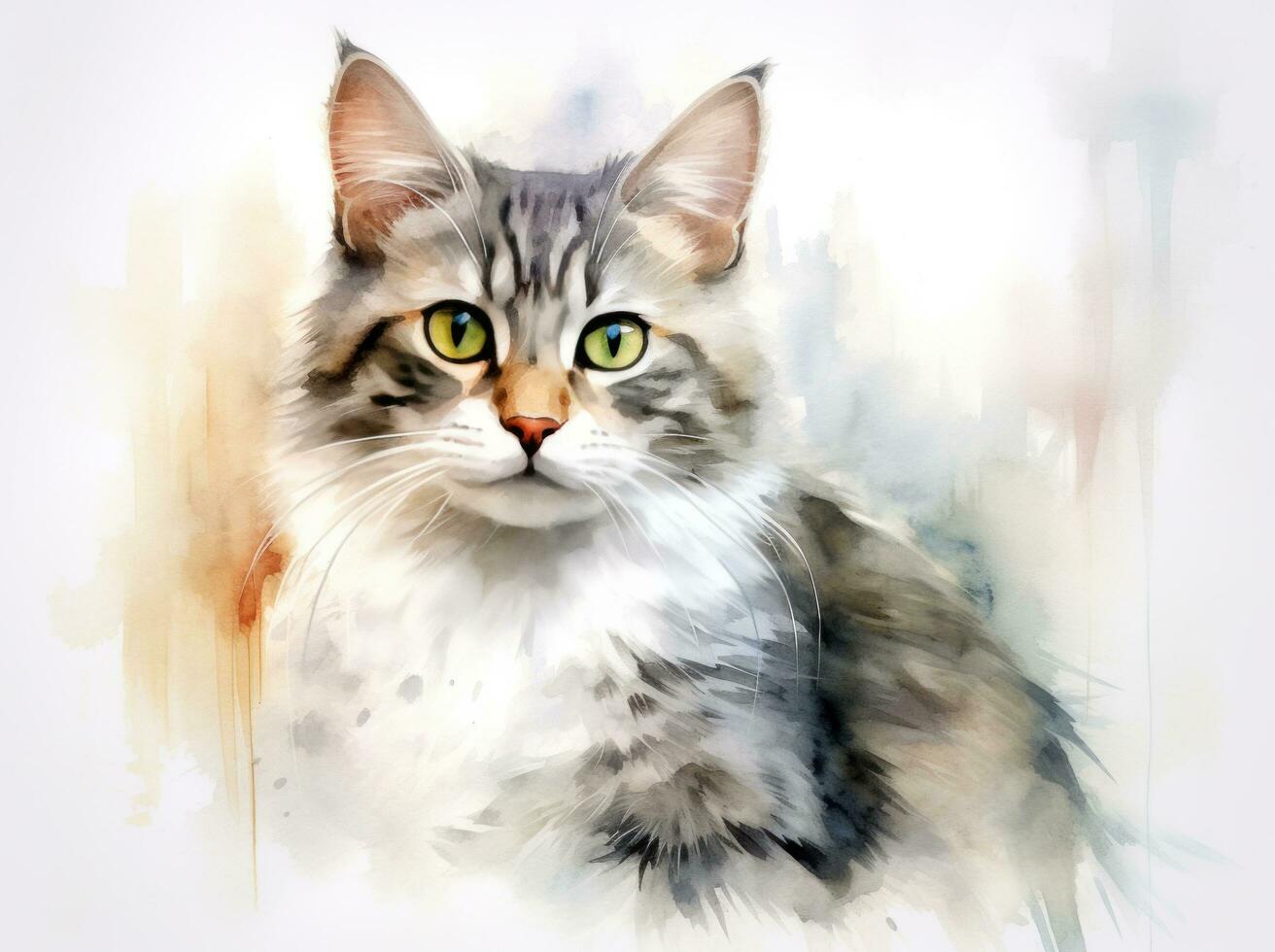 ai generiert ein Aquarell Gemälde von ein Tabby Katze, Licht Weiß und dunkel Gold, foto