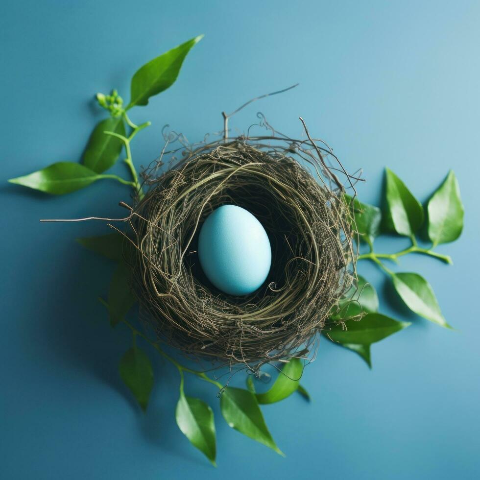 ai generiert ein einfach noch elegant Bild von ein Single Ostern Ei im ein Nest umgeben foto