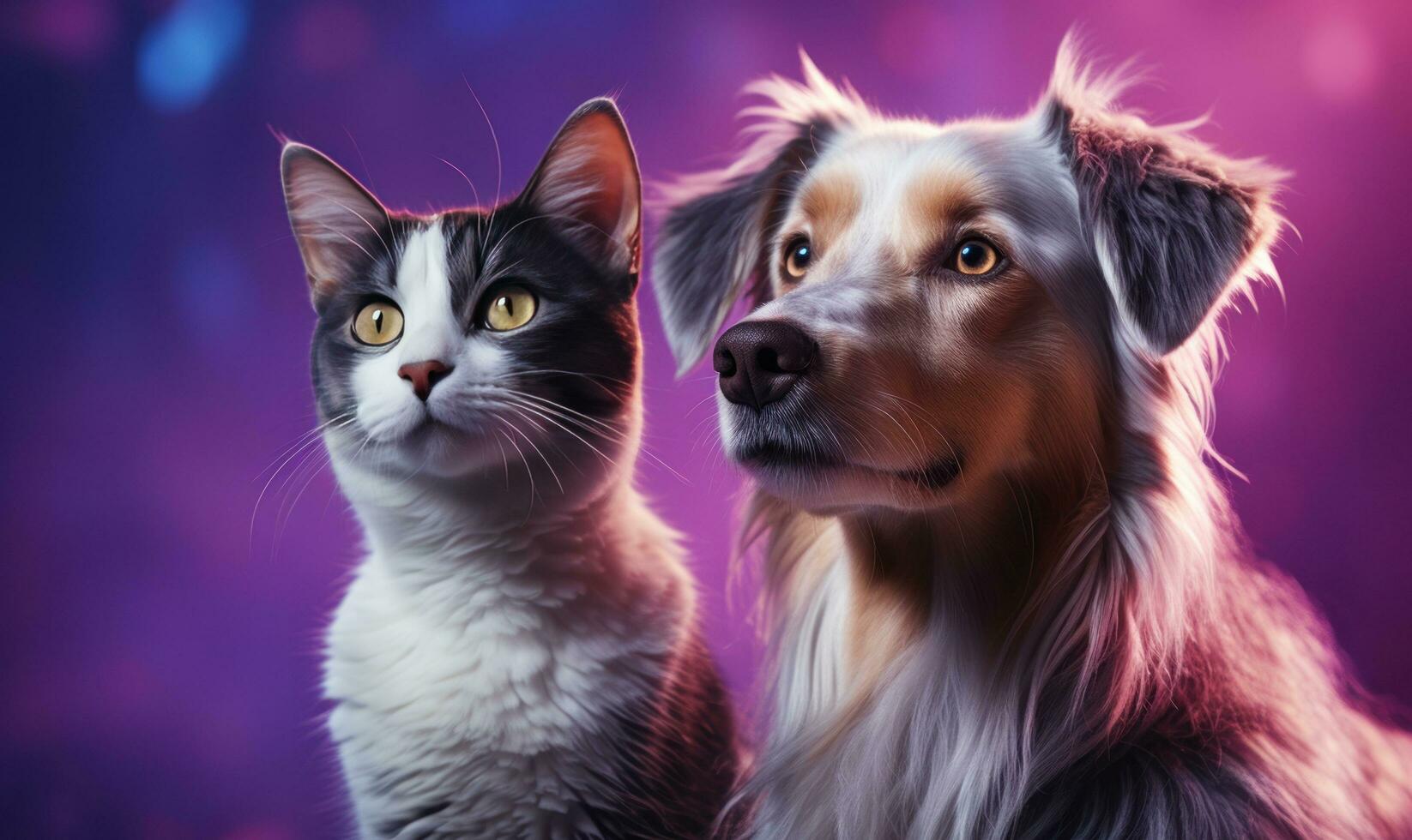 ai generiert ein Katze und Hund sind Sitzung im Vorderseite von ein lila Hintergrund, foto