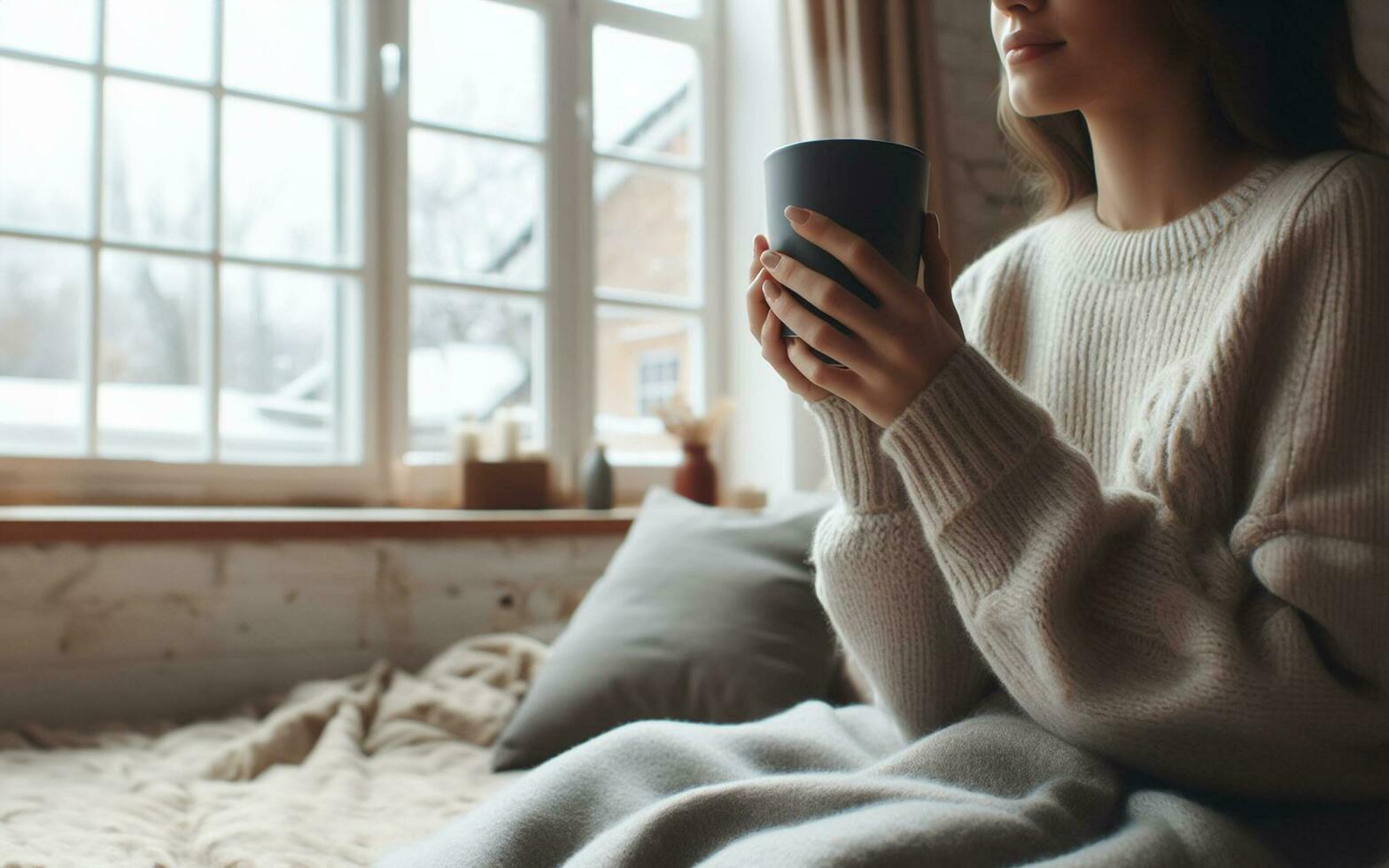 ai generiert jung Frau hält ein heiß trinken im ihr Hand Innerhalb das warm Haus auf das Leben Zimmer Sofa Frau Trinken heiß Kaffee draußen das Fenster zeigt an ein schneebedeckt Winter Aussicht foto