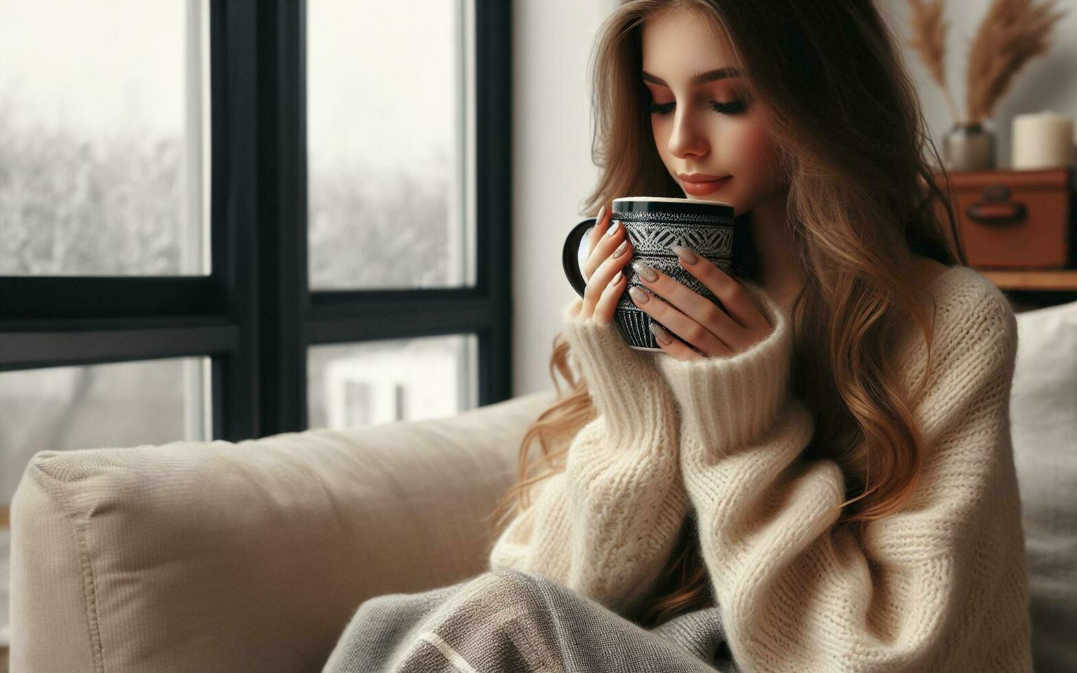 ai generiert jung Frau hält ein heiß trinken im ihr Hand Innerhalb das warm Haus auf das Leben Zimmer Sofa Frau Trinken heiß Kaffee draußen das Fenster zeigt an ein schneebedeckt Winter Aussicht foto