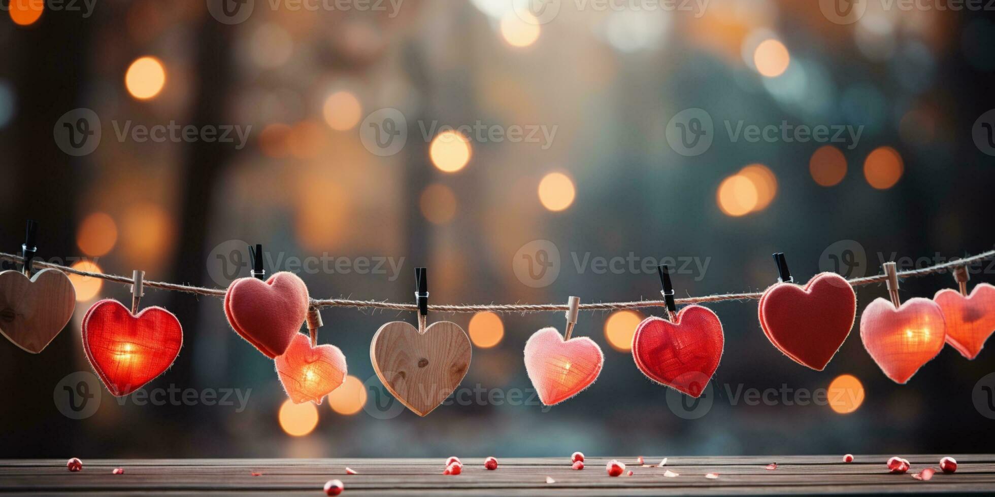 ai generiert glücklich Valentinstag Tag Hochzeit Geburtstag Hintergrund Banner Panorama- Gruß rot Herzen hängend auf hölzern Wäscheklammern Seil mit Bokeh Beleuchtung auf Hintergrund foto