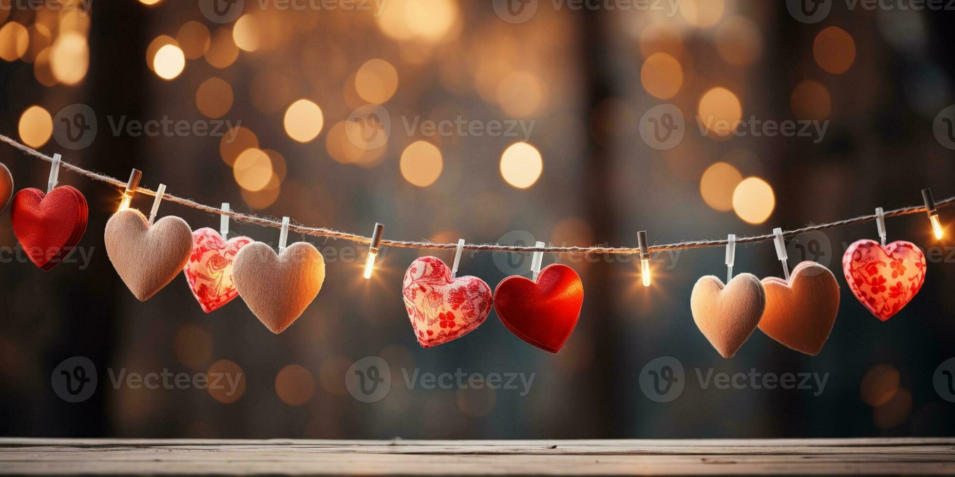 ai generiert glücklich Valentinstag Tag Hochzeit Geburtstag Hintergrund Banner Panorama- Gruß rot Herzen hängend auf hölzern Wäscheklammern Seil mit Bokeh Beleuchtung auf Hintergrund foto