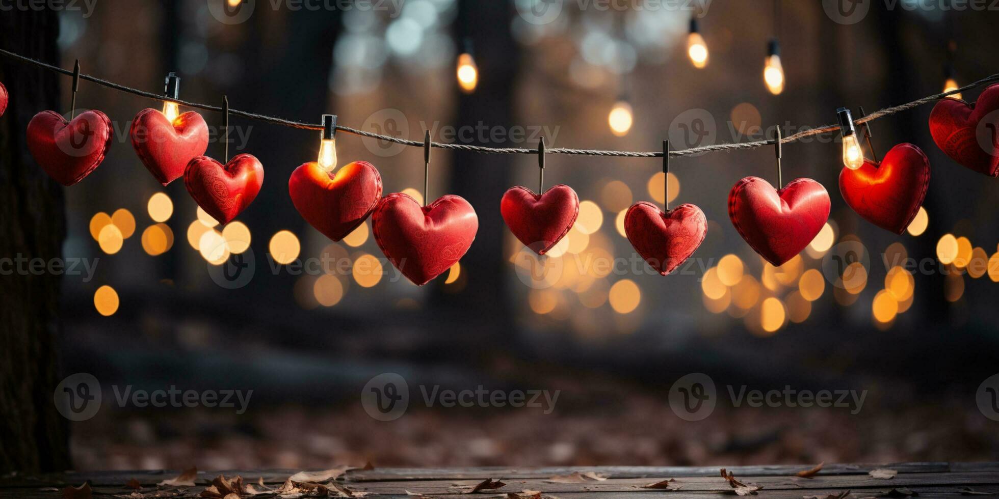 ai generiert glücklich Valentinstag Tag Hochzeit Geburtstag Hintergrund Banner Panorama- Gruß rot Herzen hängend auf hölzern Wäscheklammern Seil mit Bokeh Beleuchtung auf Hintergrund foto