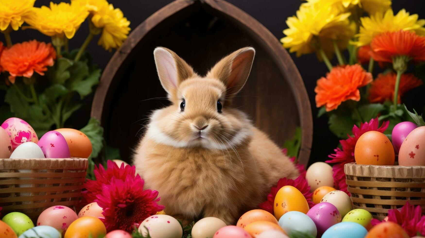 ai generiert ein bezaubernd Hase Hase Sitzung im ein Bett von Blumen, umgeben durch Ostern Eier foto