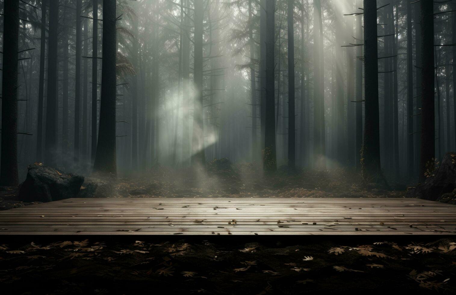 ai generiert ein Holz Tabelle im ein dunkel Wald mit Beleuchtung foto