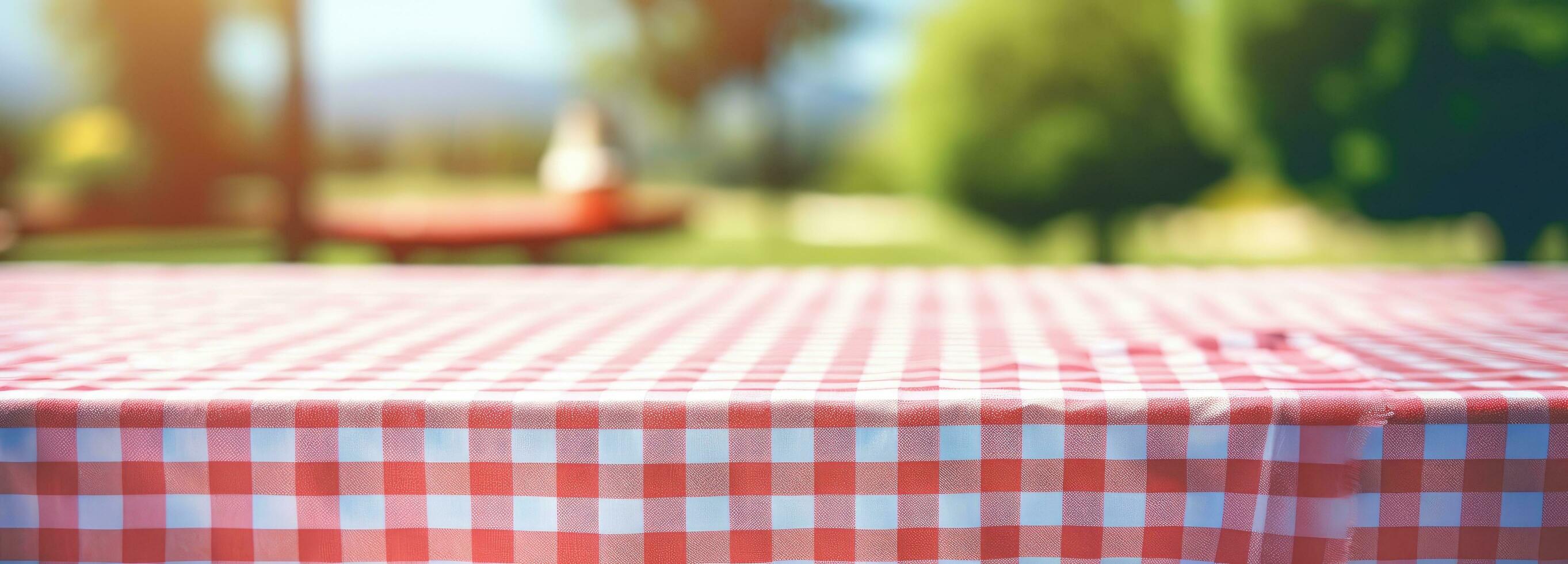 ai generiert ein Tischdecke bedeckt mit ein Gingham Muster mit verschwommen Hintergrund foto