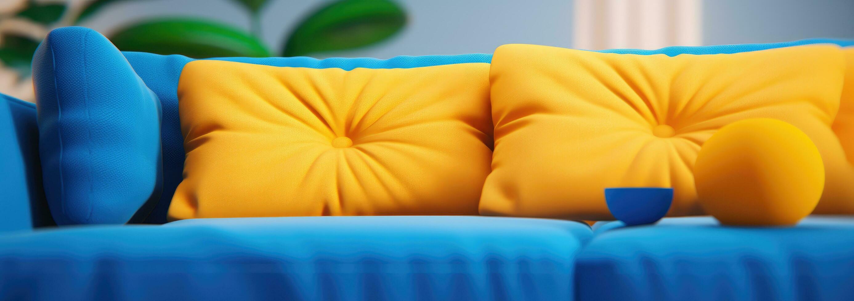 ai generiert ein Blau Couch mit Gelb Kissen auf es foto