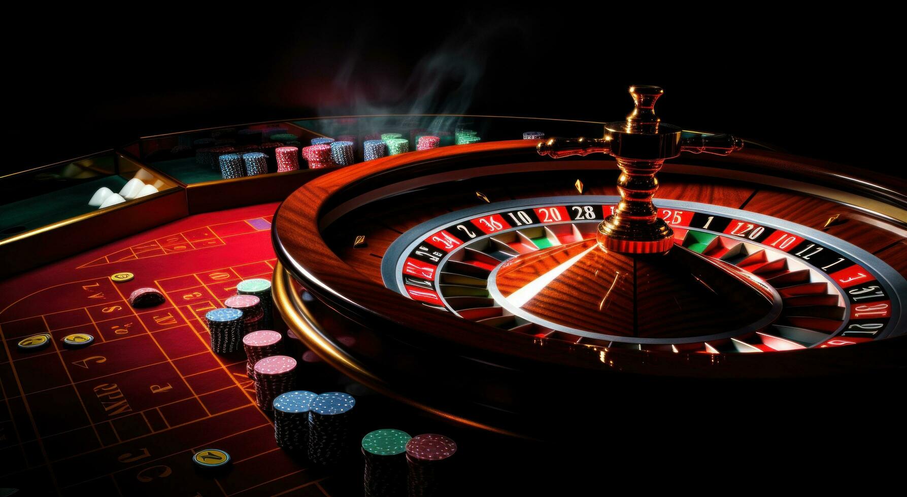ai generiert Spieler rotieren Rolle auf ein Roulette Tabelle mit Karten und Chip foto