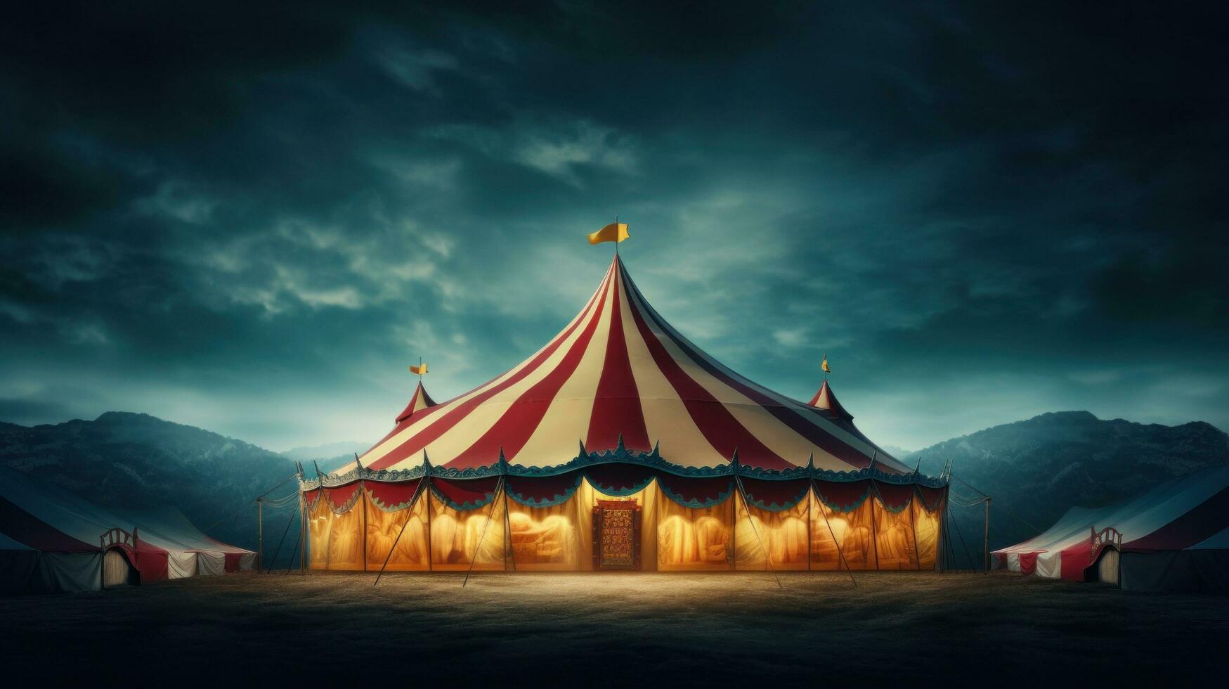 ai generiert rot und Gelb Zirkus Zelt beim Nacht mit Beleuchtung foto