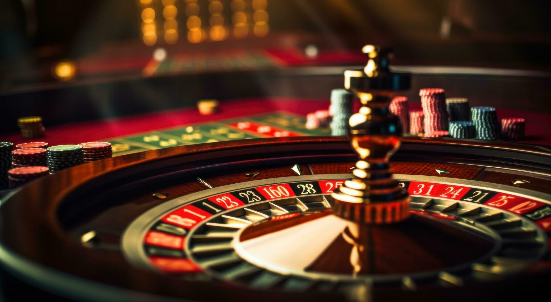 ai generiert Spieler rotieren Rolle auf ein Roulette Tabelle mit Karten und Chip foto