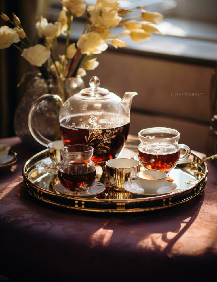 ai generiert Gold Tee einstellen beinhaltet Silber Tassen und Glaswaren foto