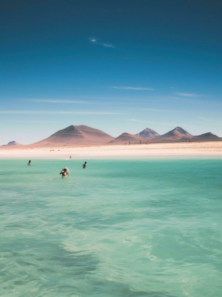 ai generiert Menschen Schwimmen im das klar Blau Wasser von das bosque de Boliva foto