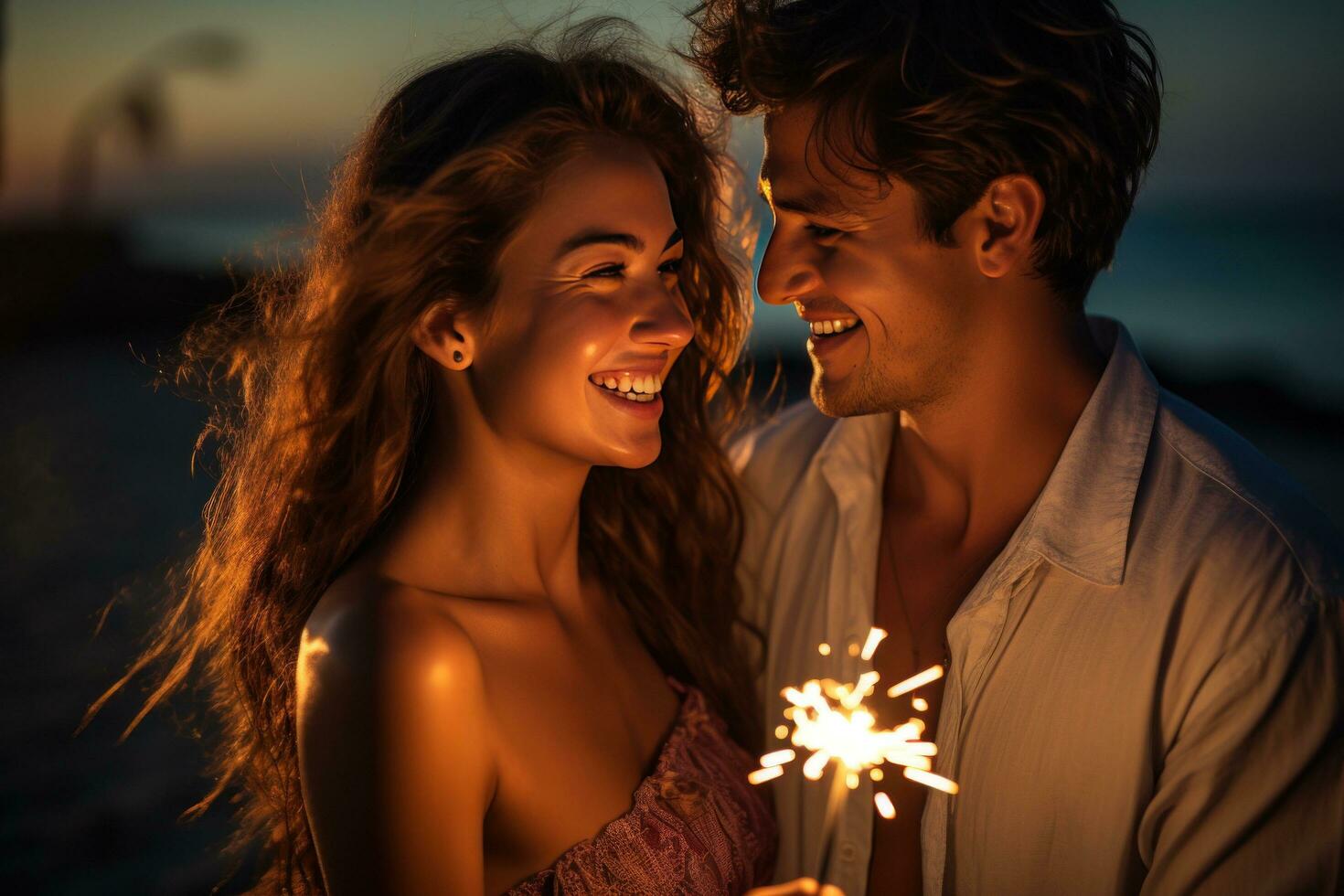 ai generiert ein attraktiv jung Paar hält Wunderkerzen auf das Strand beim Sonnenuntergang foto