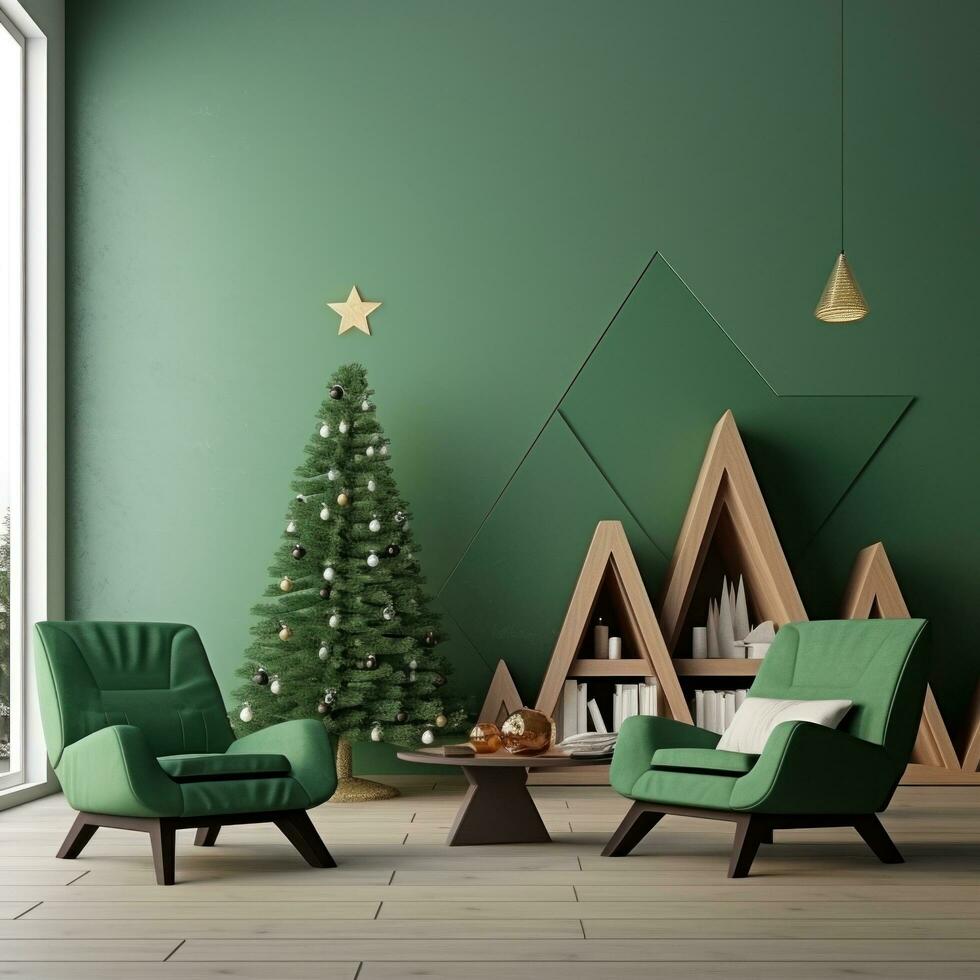 ai generiert Grün Stühle und ein Grün Weihnachten Baum im ein Leben Zimmer foto