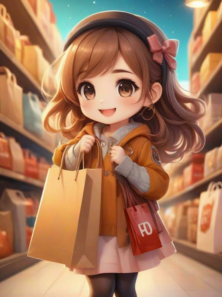 ai generiert Chibi Charakter süß weiblich Charakter halten Einkaufen Taschen glücklich foto