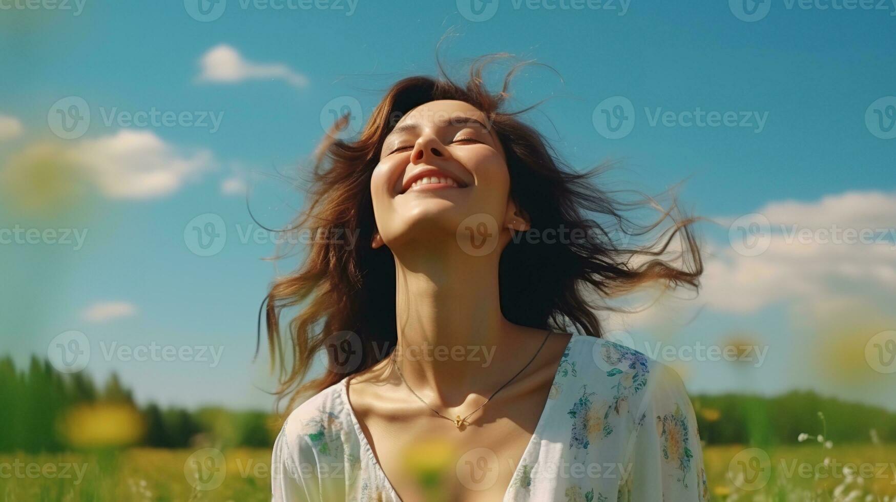 ai generiert Ruhe glücklich lächelnd Frau mit geschlossen Augen auf das Felder. frei, Frieden, schön Moment Konzept foto