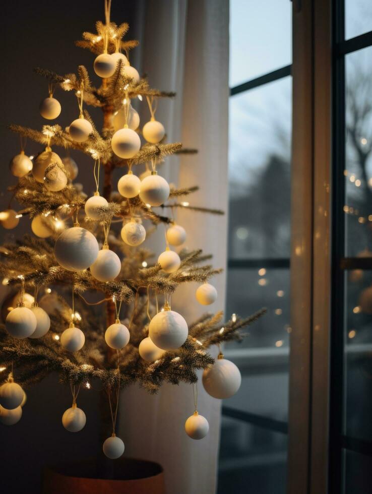 ai generiert ein Weiß Weihnachten Baum mit Ornamente hängend um Es, foto