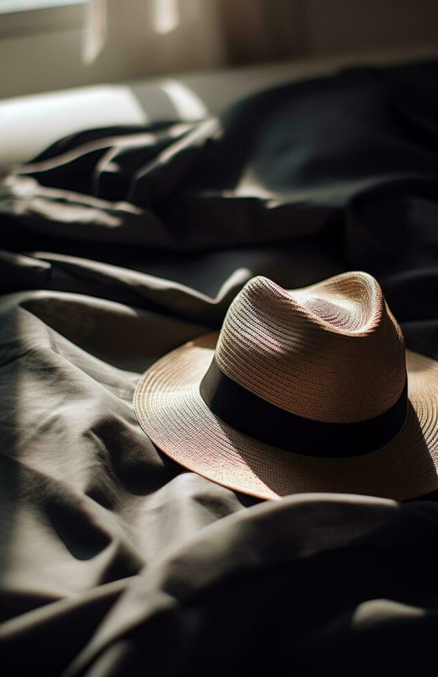 ai generiert ein Stroh Hut, Sonnenbrille und ein Stroh Eimer Hut Lügen auf ein Weiß Decke, foto