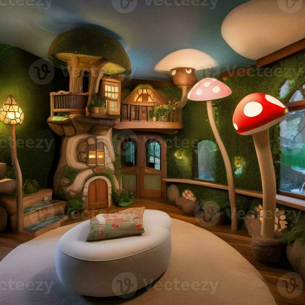 ai generiert ein wunderlich Fee vom Garten inspiriert Spielzimmer mit übergroß Pilz foto