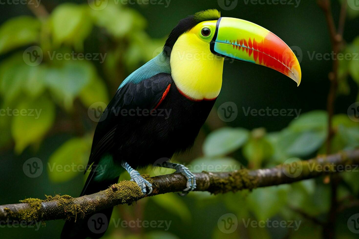 ai generiert Kiel in Rechnung gestellt Tukan thront auf ein Wald Ast im Panama üppig Grün ai generiert foto