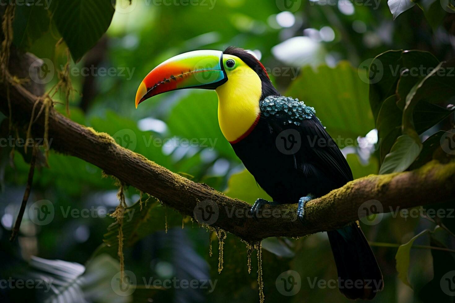 ai generiert beschwingt Kiel in Rechnung gestellt Tukan inmitten Panama Reich Vegetation ein fesselnd Tierwelt Szene ai generiert foto