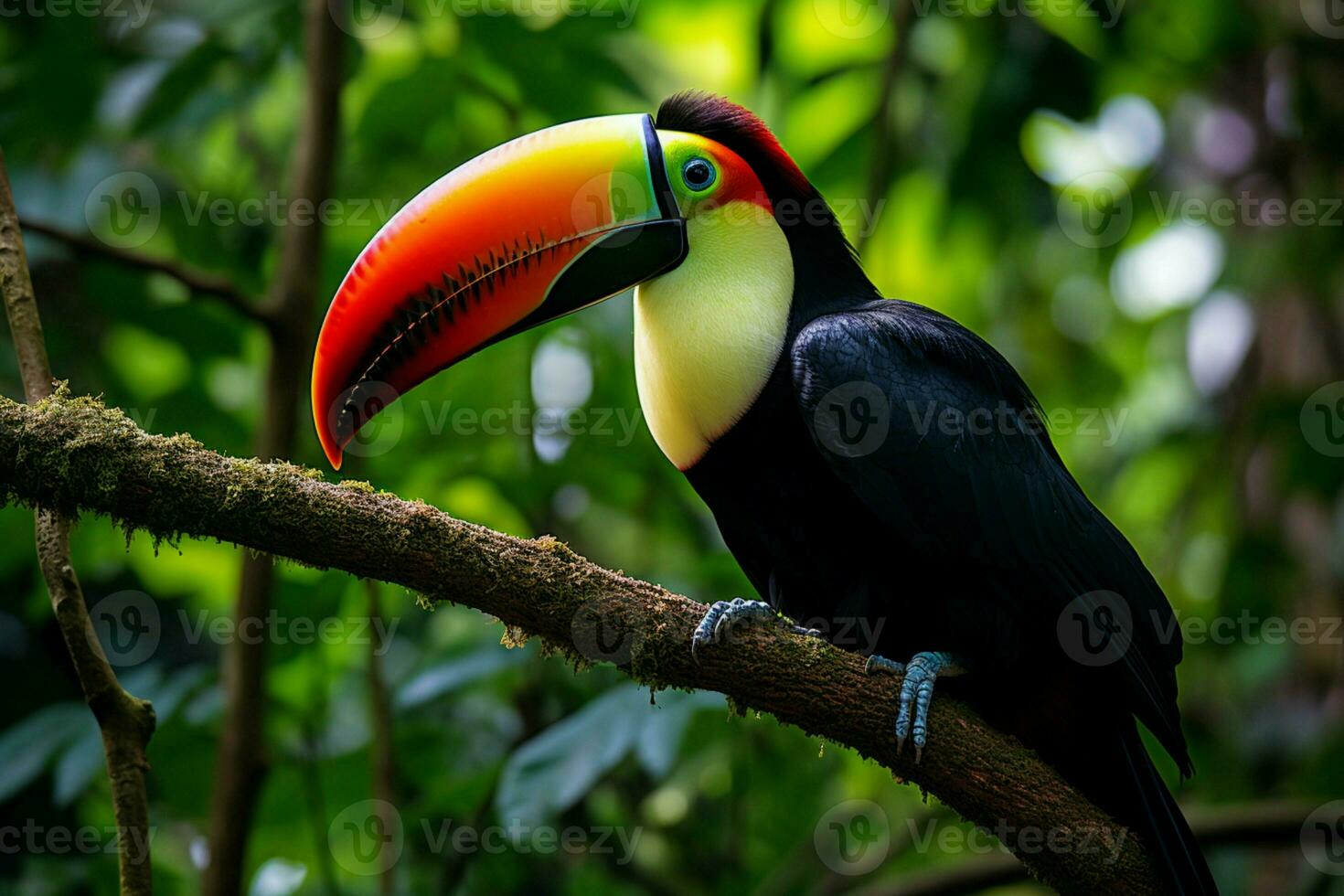 ai generiert Kiel in Rechnung gestellt Tukan thront auf ein Wald Ast im Panama üppig Grün ai generiert foto