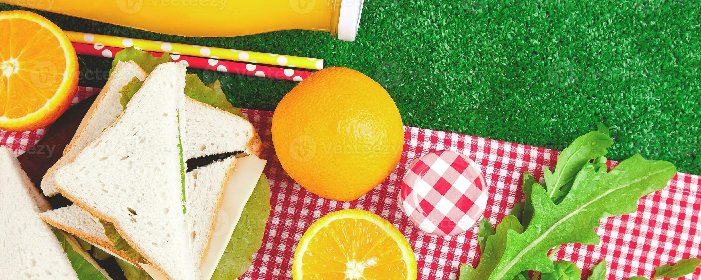 Banner mit Picknick auf das Gras. Sommer- Zeit ausruhen. eben legen. foto