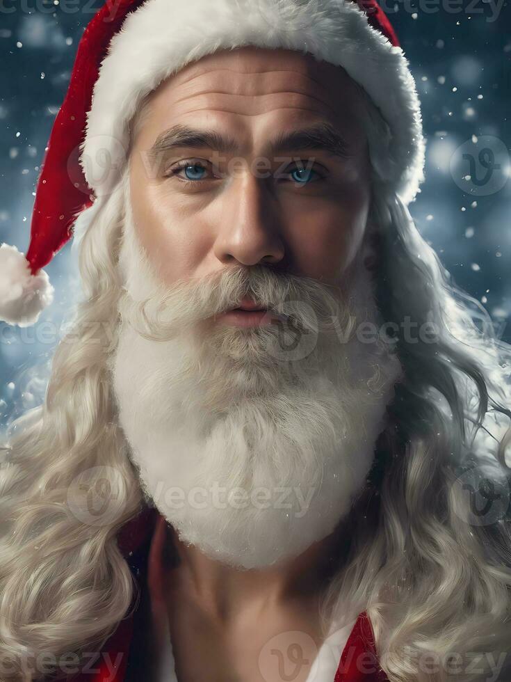 ai generiert schließen oben von Santa claus mit Blau Augen und Schnee im das Hintergrund foto