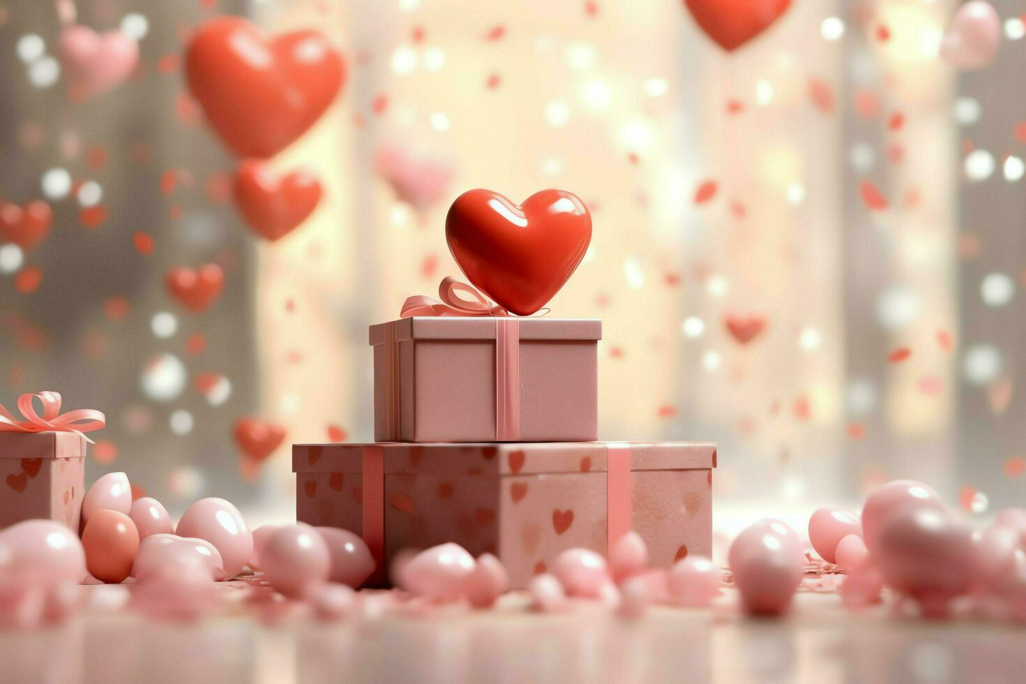 glücklich Valentinstag Tag Konzept mit rot Geschenk Box und Herz geformt Luftballons romantisch Banner Liebe Konzept durch ai generiert foto