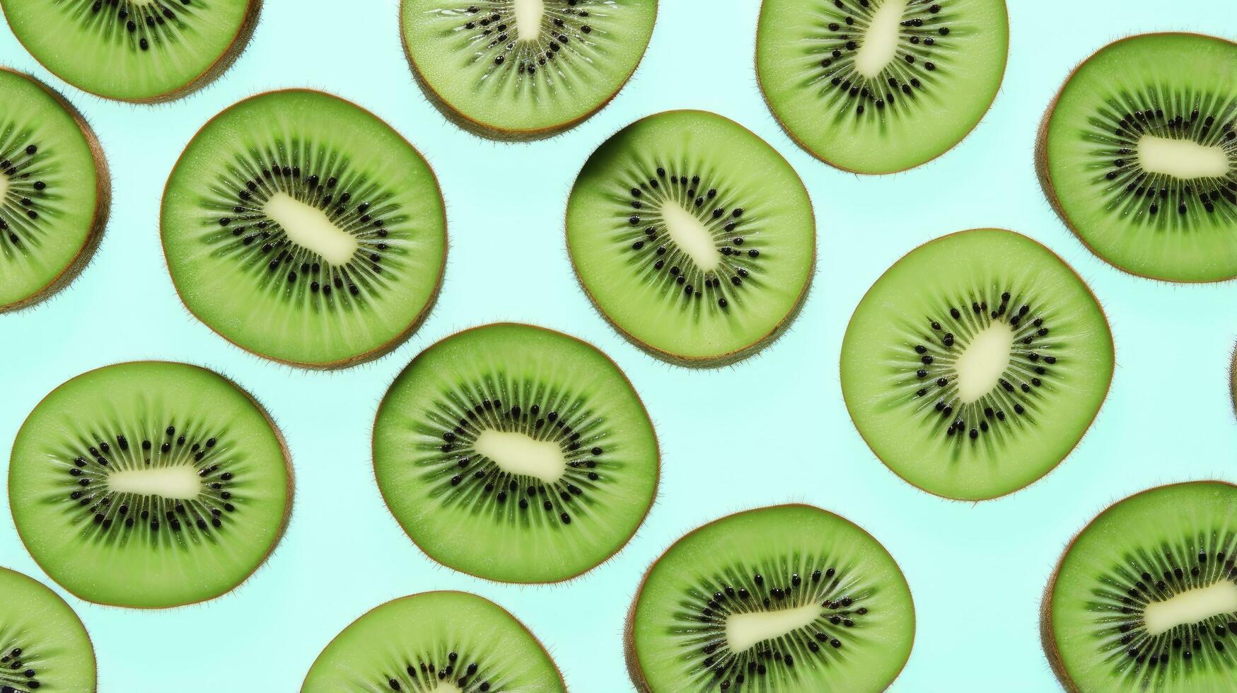 ai generiert Scheiben von Kiwi Obst und Grün Minze Blätter auf ein Licht Pastell- Blau Hintergrund. ai generiert foto