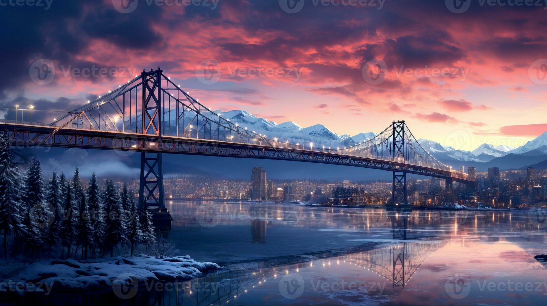 ai generiert Winter Vancouver Stadt, Stadt Beleuchtung reflektieren aus das eisig Oberflächen und Erstellen ein magisch, städtisch Winter Wunderland foto