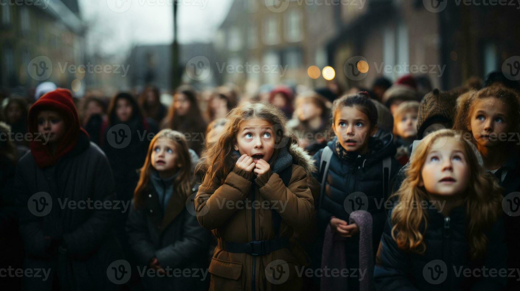 ai generiert Menge von Kinder im Straße erschrocken im Schock mit ein Überraschung Gesicht, Angst und aufgeregt mit Angst Ausdruck. foto