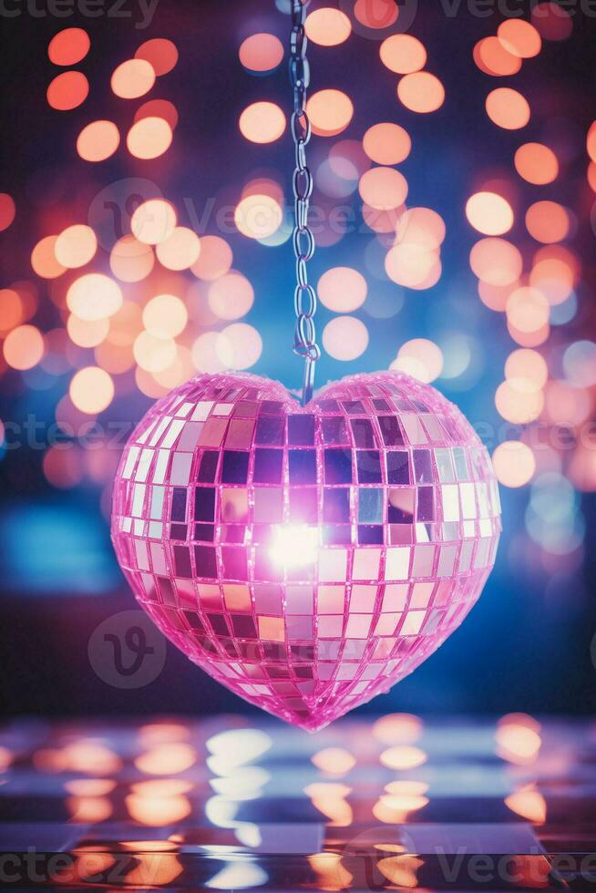 ai generiert Liebe thematisch Herz geformt Symbol mit ein schimmernd Disko Ball foto