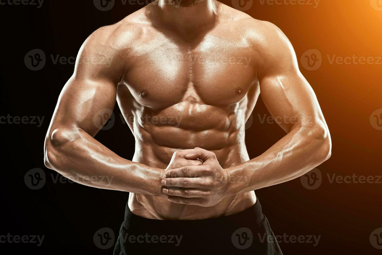 sehr muskulös Mann posieren mit nackt Torso im Studio foto